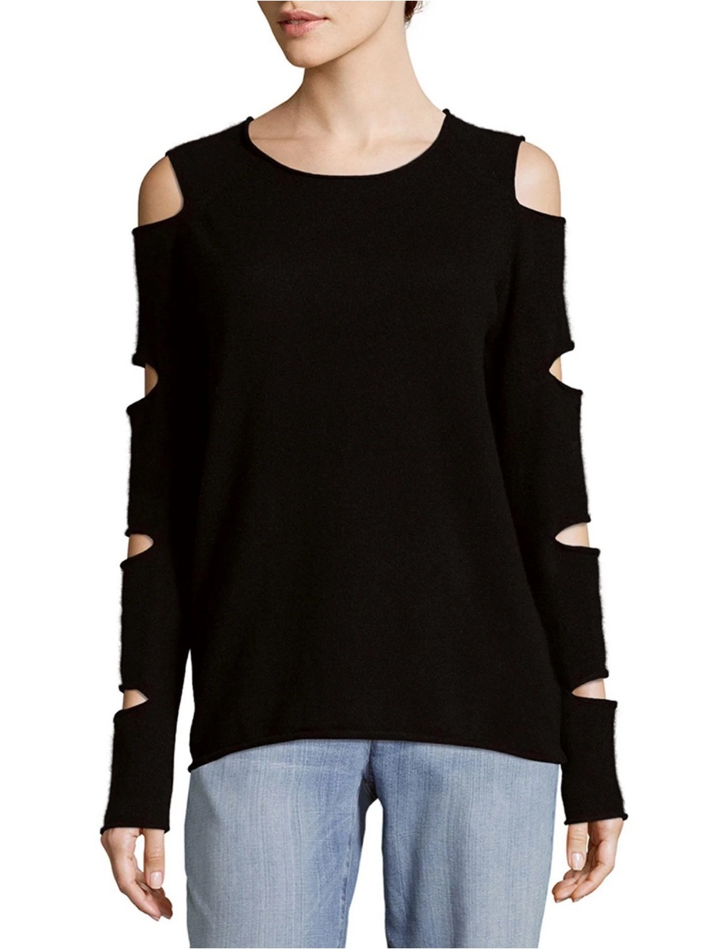 Aqua - Women's Cold Shoulder Slit Sleeve Cashmere Sweater - Sz Small - Black